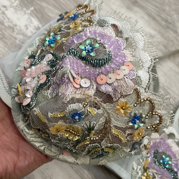 NWOT Taryn Winters Bespoke Floral Sequin Beaded Bra Thong Set 32C S - Picture 5 of 10